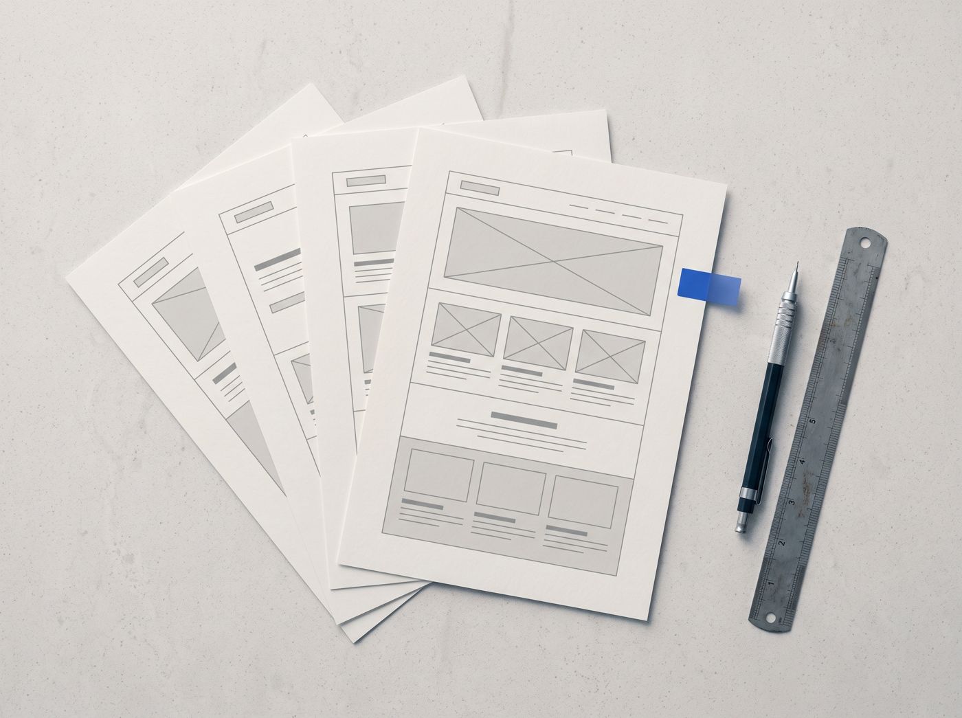A drafting desk with printed website layout sheets, a pencil and a ruler